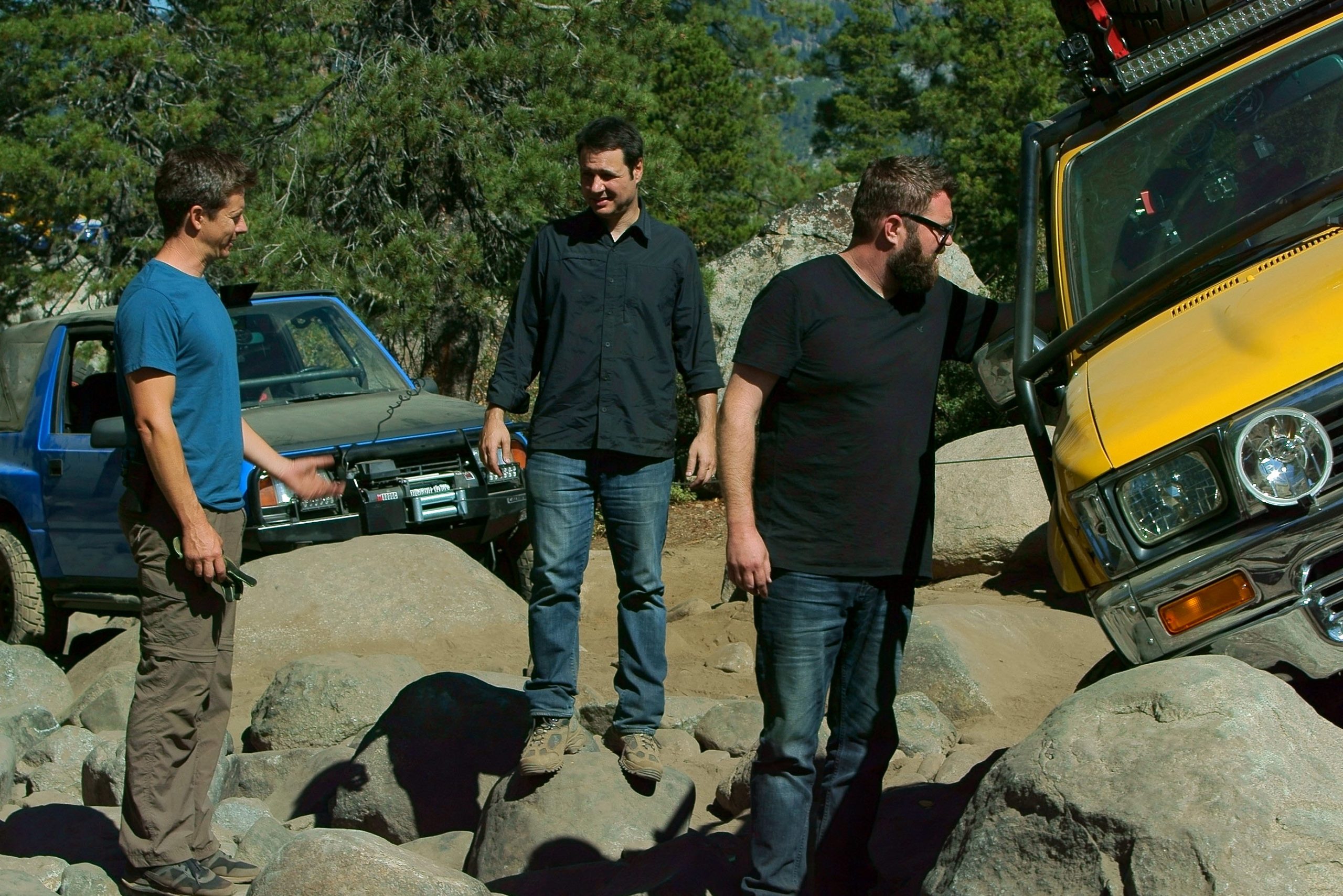 Picture Shows: 3 Hosts Tanner Foust, Adam Ferrara, and Rutledge Wood discussing Rubicon Trail